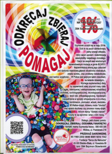 Obrazek - plakat opisujący akcję zbierania nakrętek dla chorego chłopcaSzymona. Zdjęcie chłopca jest lewym rogu plakatu 