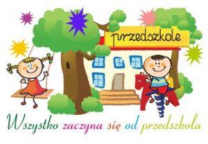 na obrazku znajduje się budynek przedszkola, obok niego stoi drzewo na którym huśta się dziewczynka a obok niej chłopczyk na sprężynowym koniku. Pod spodem kolorowy napis wszystko zaczyna się od przedzkola