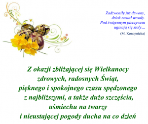 w lewym górnym rogu znajduje się obrazek kolorowych jajek z żonkilami na środku kartki życzenia na Wielkanoc