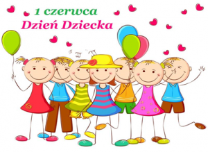 NA OBRAZKU JEST NAPIS 1 CZERWCA DZIEŃ DZIECKA I DZIECI W GRUPIE Z BALONAMI, DOOKOŁĄ NICH SERDUSZKA
