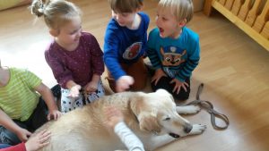 Zdjęcie przedstawia dzieci przy leżącym na podłodze psie