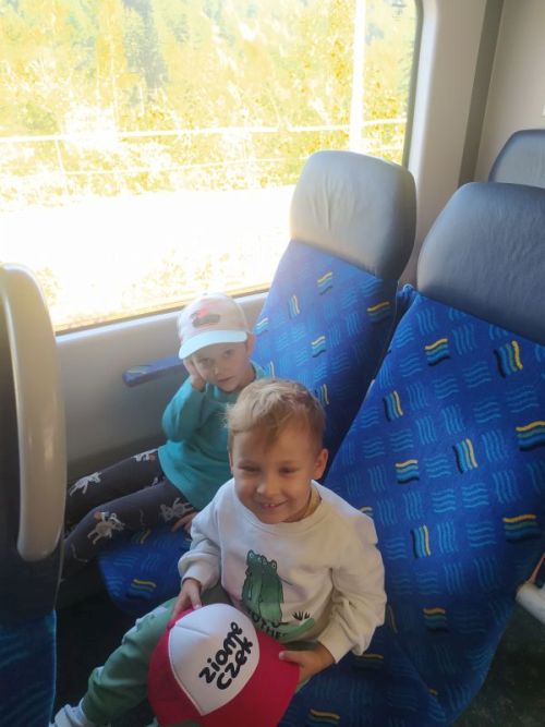 Maluszki-chłopcy siedzą w pociągu na fotelach