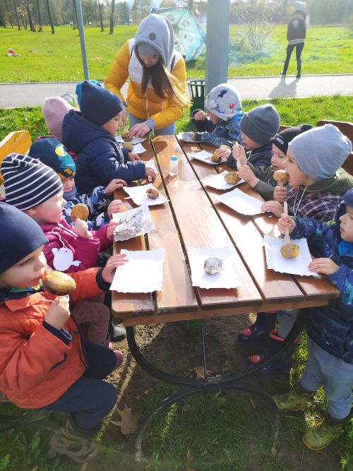 Dzieci siedzą przy drewnianym stole na którym położone są papierowe tacki na ziemniaki. Każde dziecko trzyma w ręce plastikowy widelczyk a na nim pieczony ziemniak. Z przodu stolika stoi rodzic i pomaga dzieciom przy obsłudze.