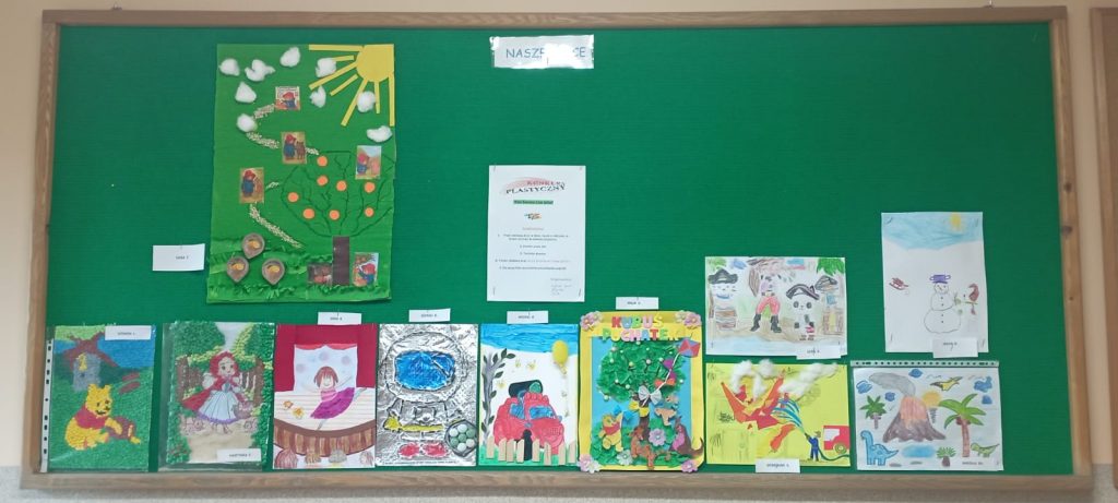 Prace plastyczne dzieci wykonane różnorodna techniką, na konkurs są umieszczone na gazetce oraz plakat informujący o konkursie