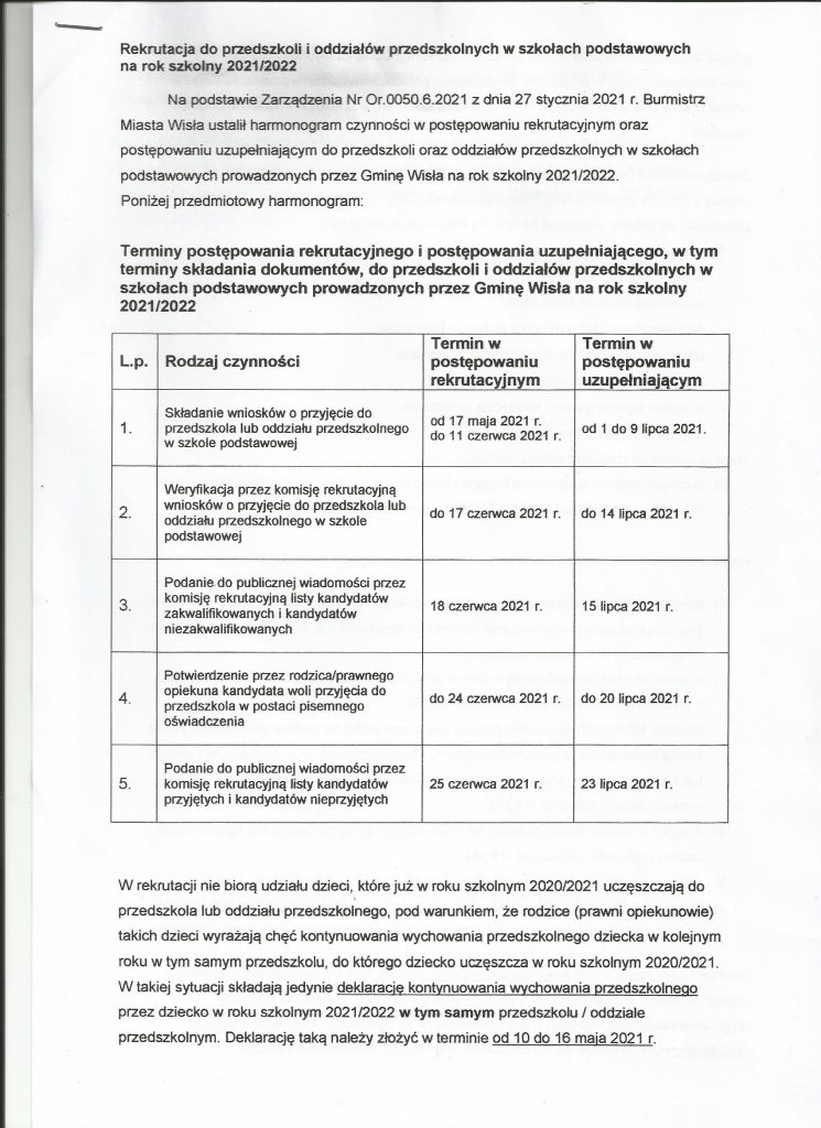 Na zdjęciu znajduje się tabela z opisanymi terminami wpływu dokumentów do przedszkola.